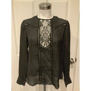 A.L.C. Black & White Polka Dot Blouse Shirt W/ Floral Lace Detail, Size 2 (US)